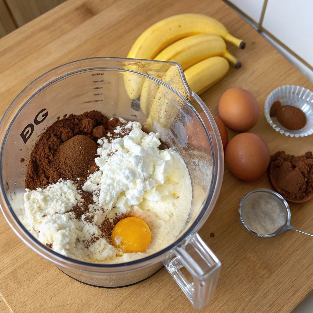 Blended cottage cheese with banana and cocoa for protein brownie batter.