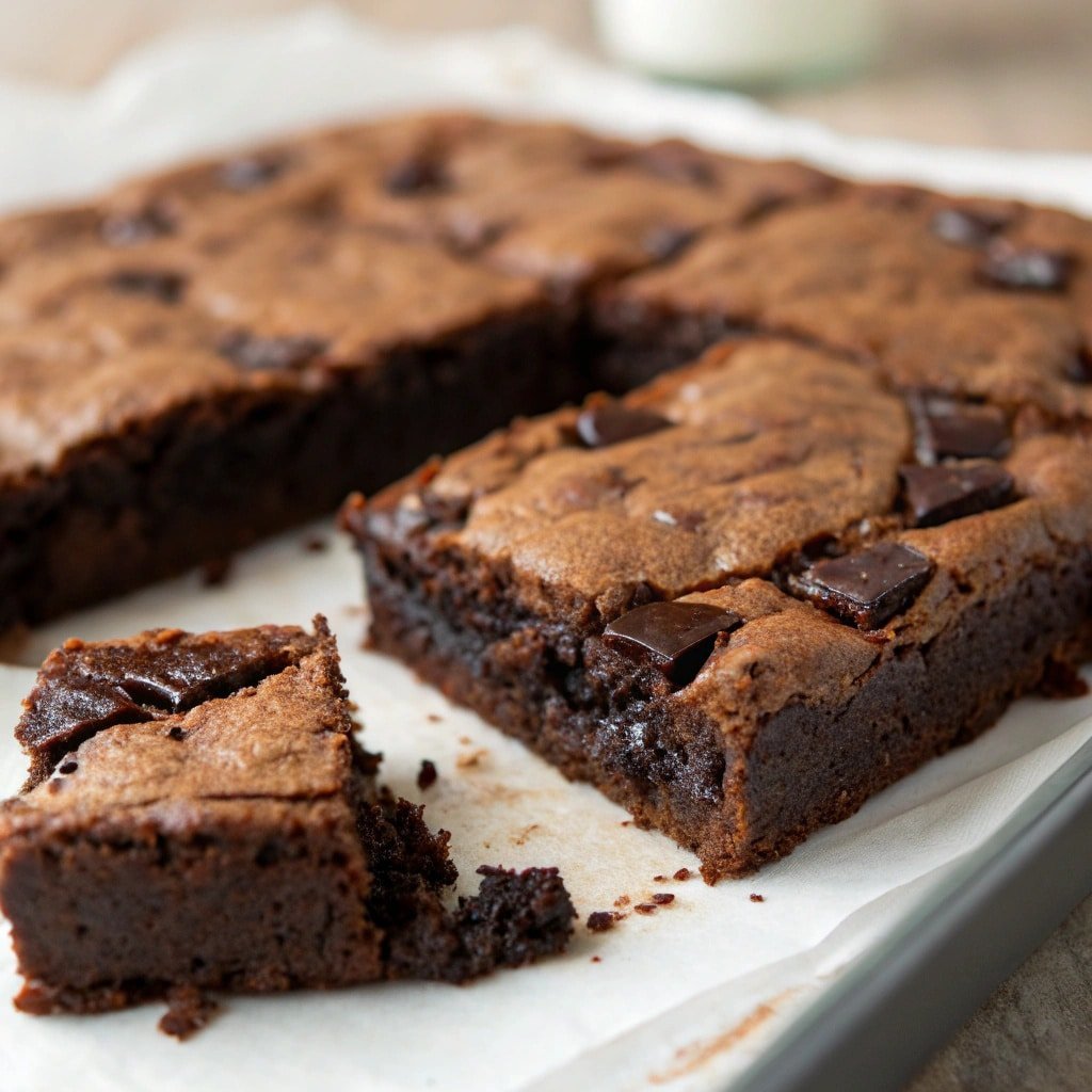 Cottage cheese protein brownies sliced and ready to serve on a parchment-lined tray.