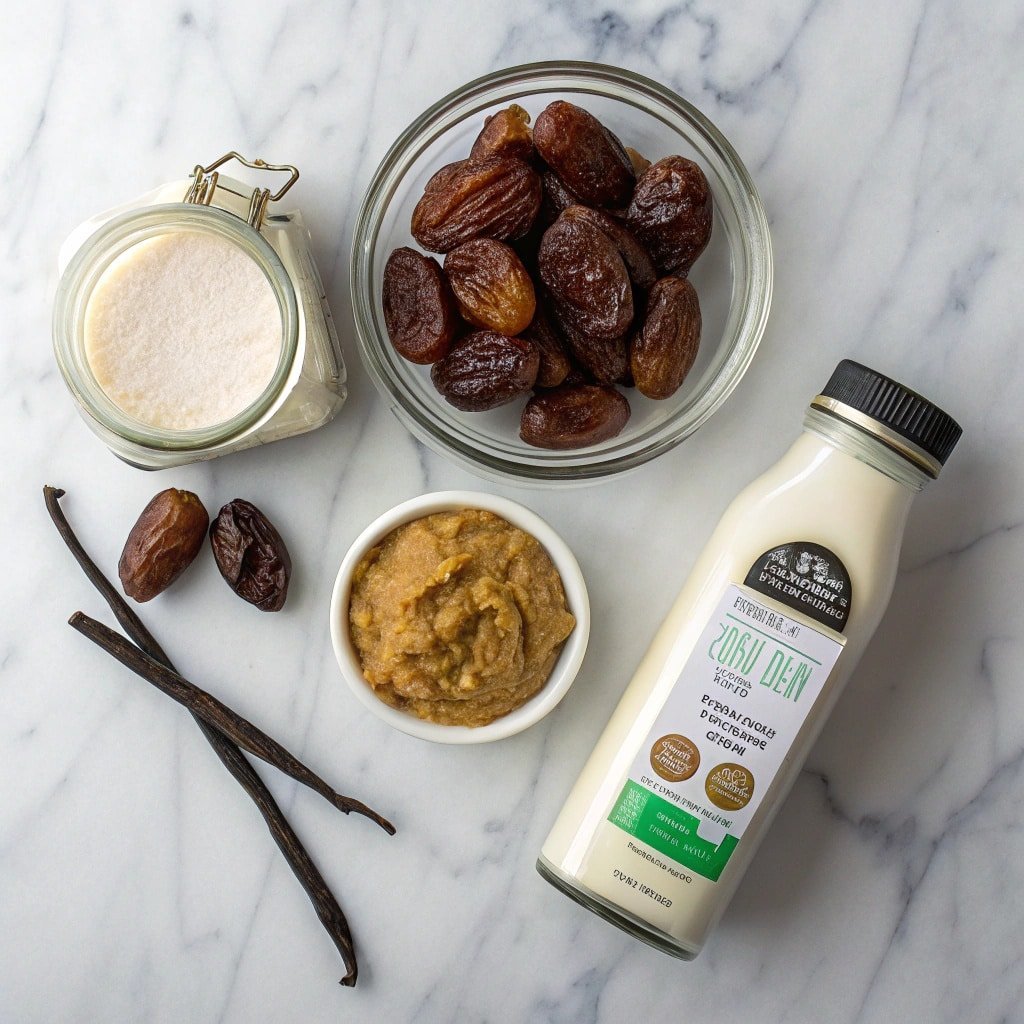 Marble countertop with ingredients for miso date ice cream: miso paste, coconut milk, vanilla, and soaked dates