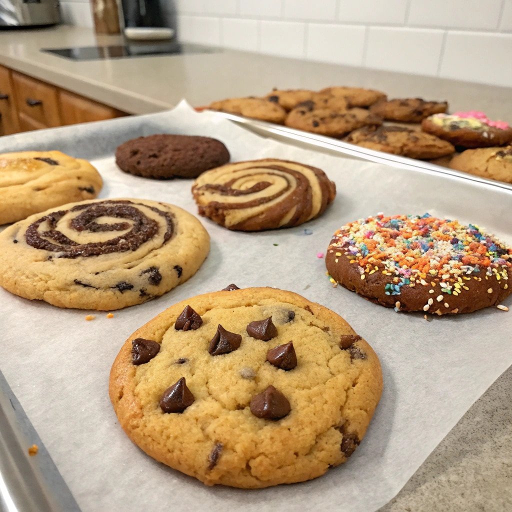 Assorted half baked cookies including chocolate chip, caramel, and sprinkle cookies