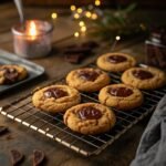 Overhead view of half baked cookies cooling on parchment-lined tray with gooey chocolate centers