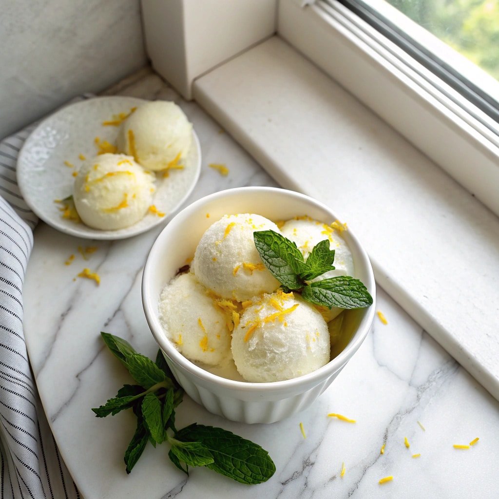 Homemade lemon sorbet in white bowl made with Ninja Creami