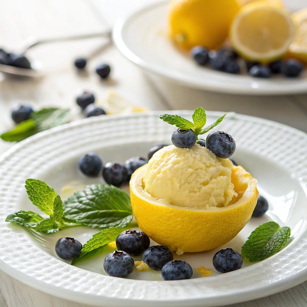 Lemon sorbet served in lemon halves with berries and mint