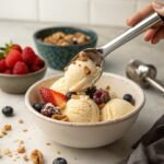 Macro-friendly protein ice cream in bowl with toppings