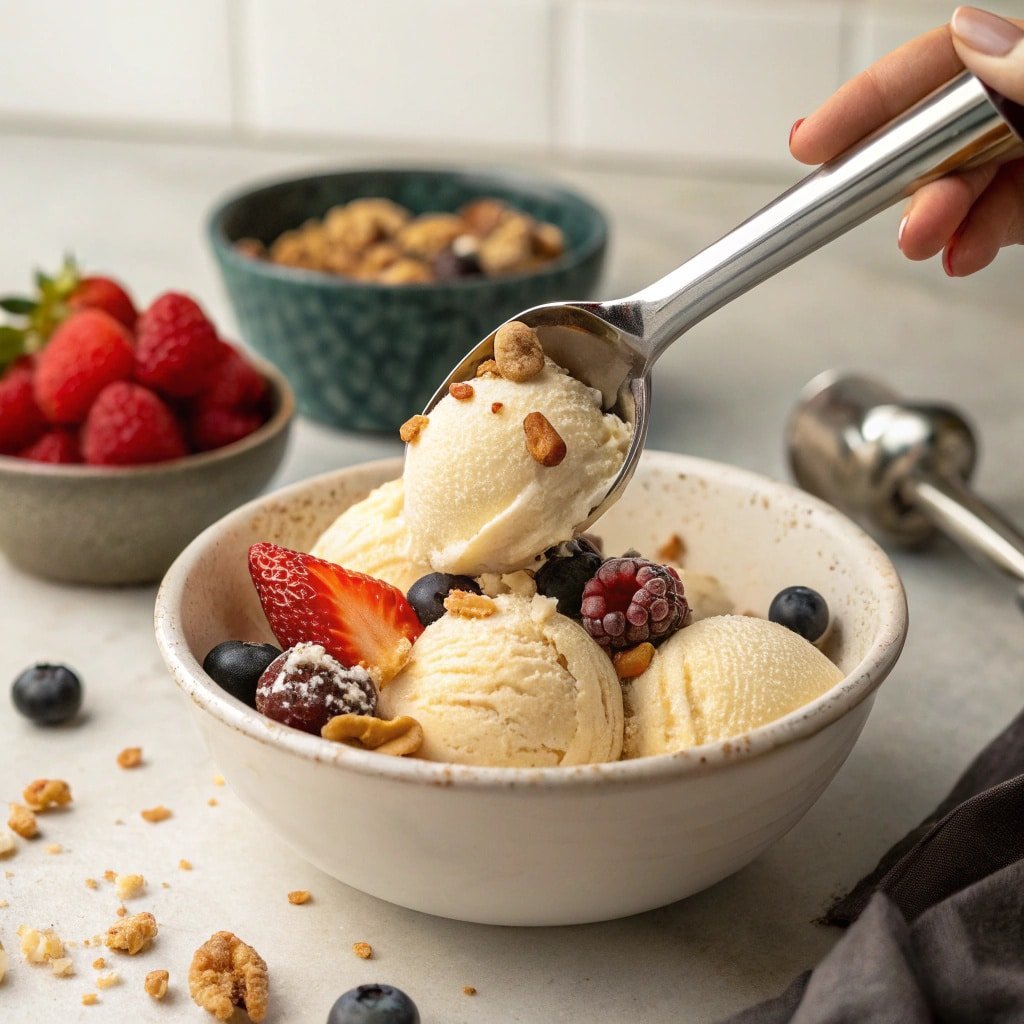 Macro-friendly protein ice cream in bowl with toppings