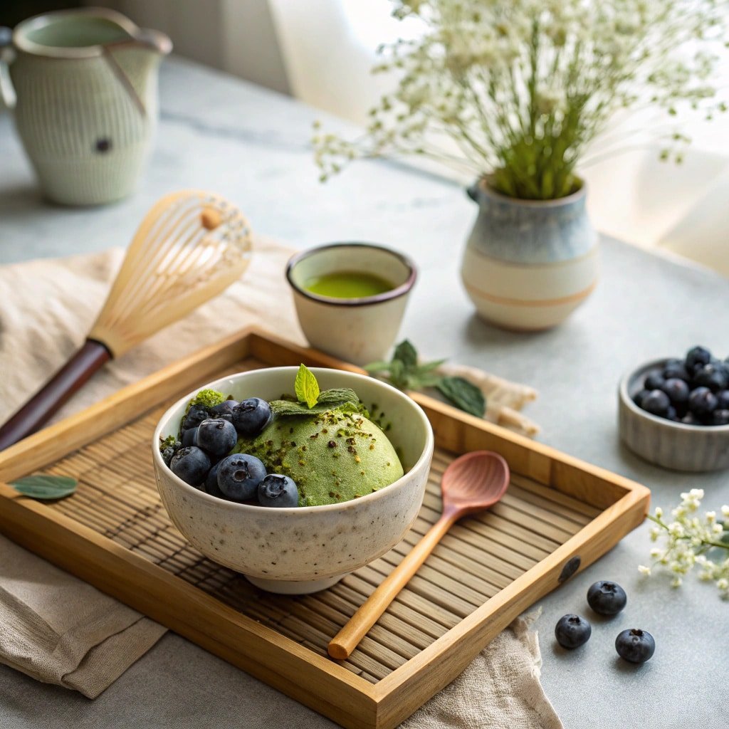 Styled serving of Blueberry Maple Matcha Creami with matcha whisk