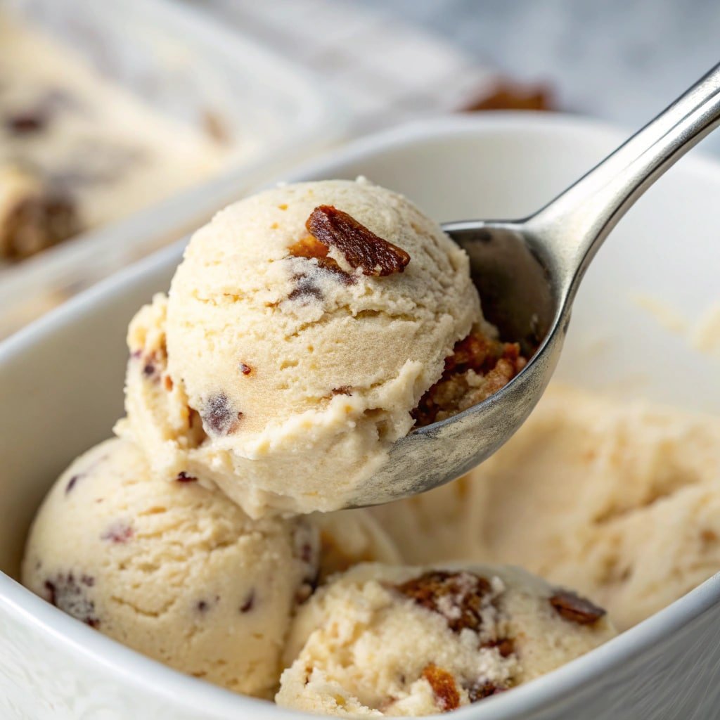 Spoonful of Salted Miso Date Creami with creamy texture and visible flecks of date