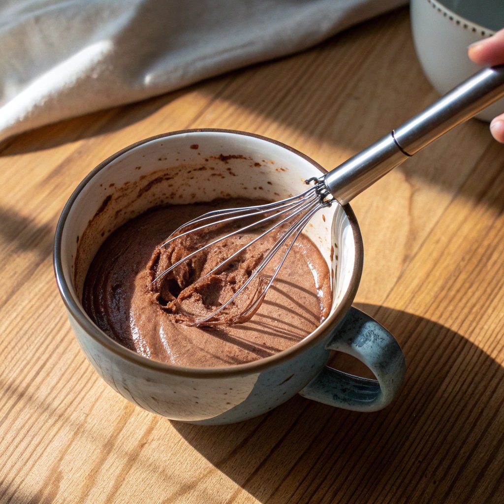 Mixing protein mousse batter in a mug