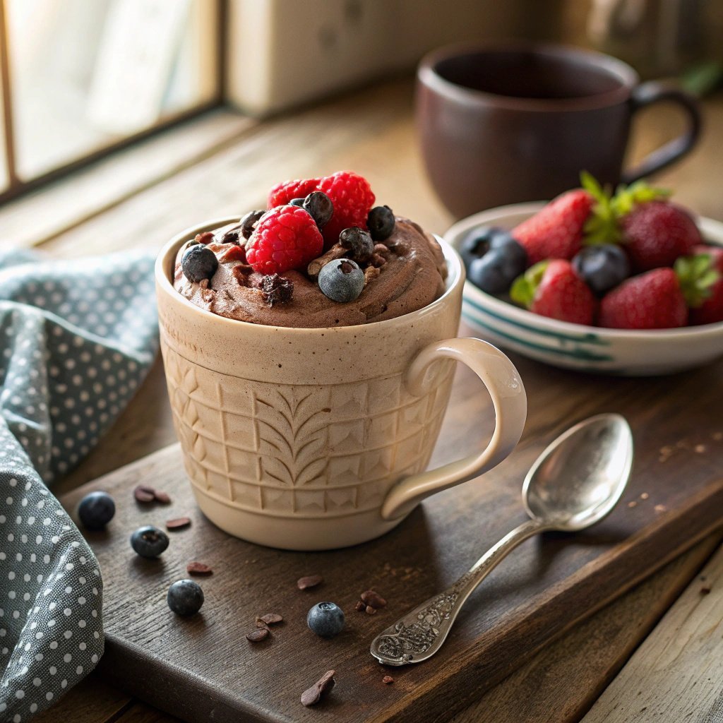 Mug filled with protein mousse topped with berries and chocolate