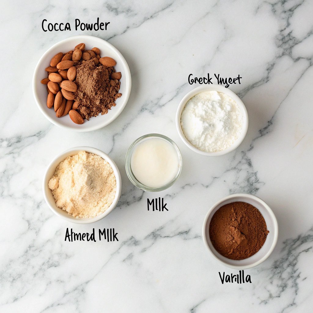 Ingredients for mug protein mousse including yogurt and cocoa