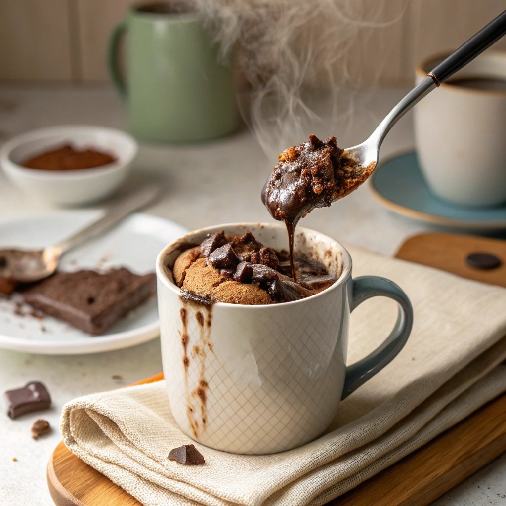 Spoonful of chocolate protein mousse fresh from the mug