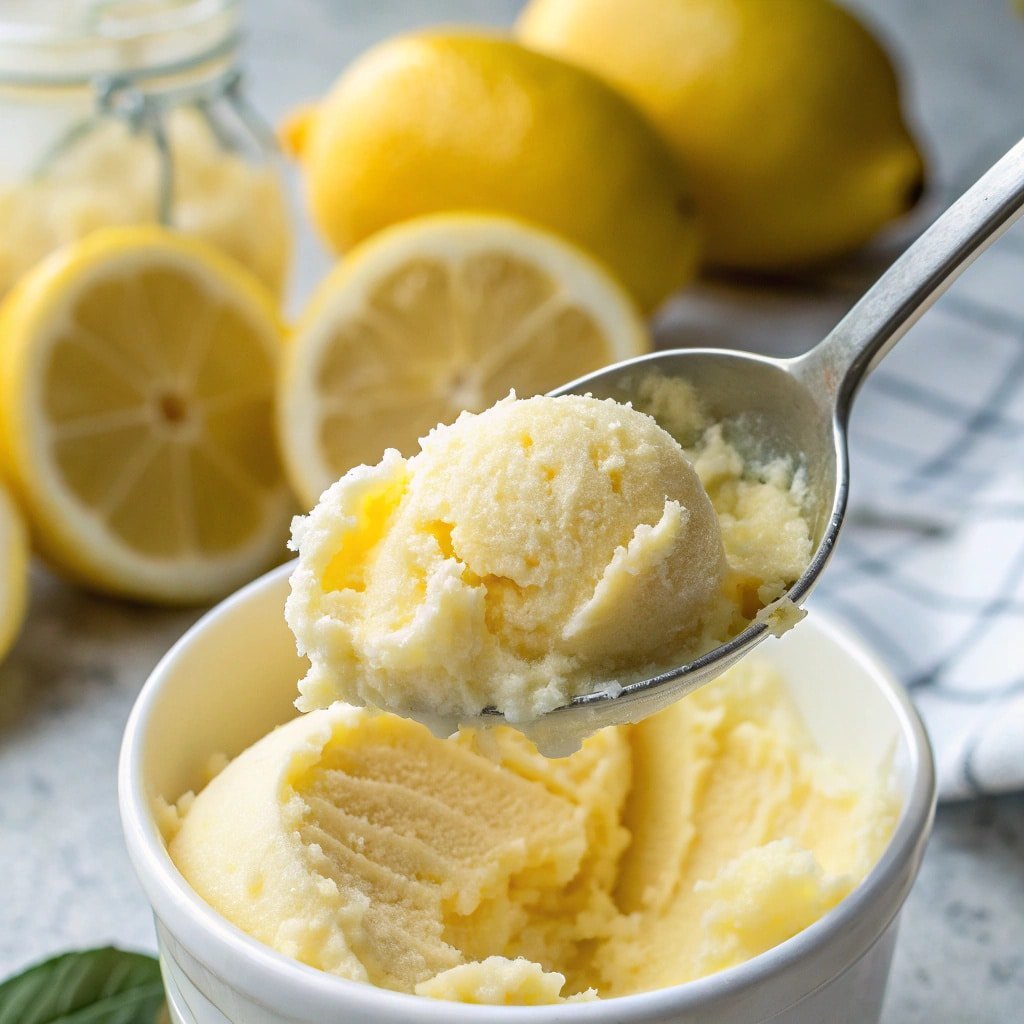 Scoop of smooth lemon sorbet from Ninja Creami pint