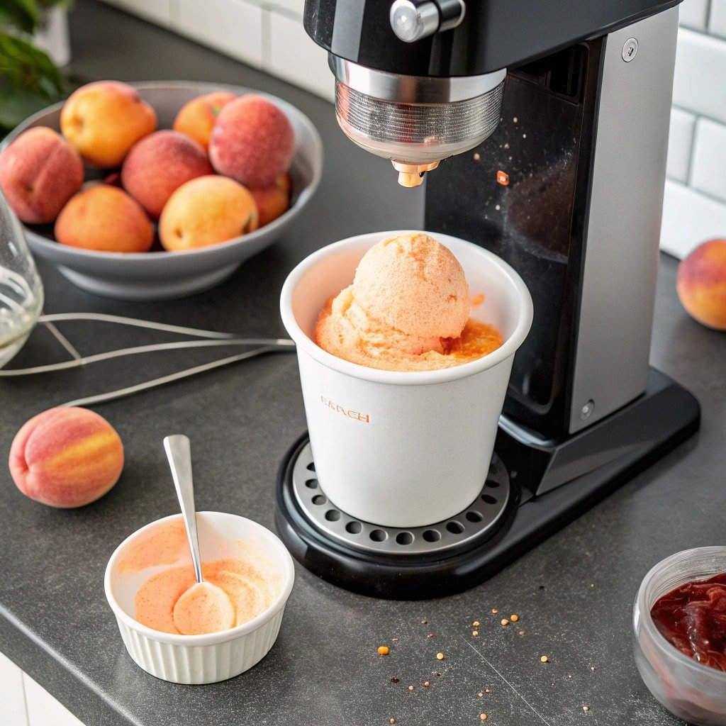 Ninja Creami spinning peach sorbet in pint container