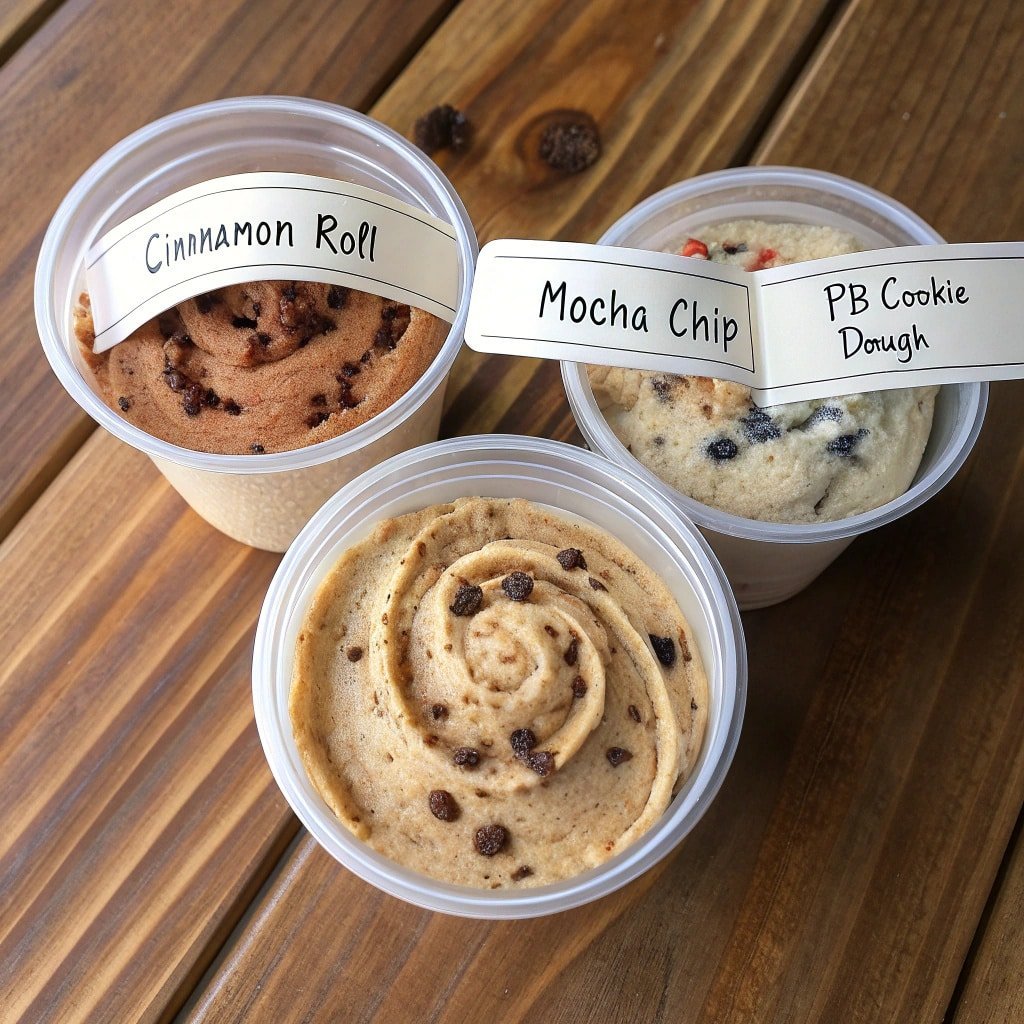 Ninja Creami protein flavors labeled Cinnamon Roll, Mocha Chip, PB Cookie Dough