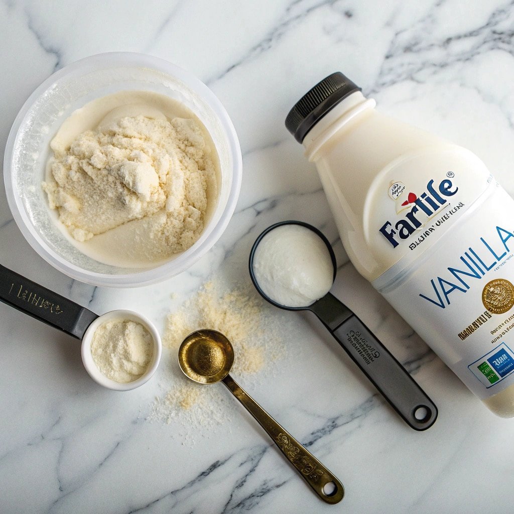 Ingredients for Ninja Creami protein ice cream laid out on marble