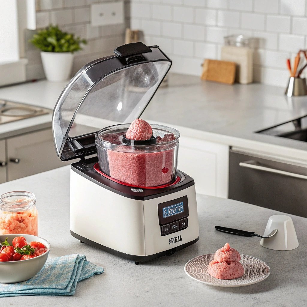 Strawberry sorbet spinning in a Ninja Creami container