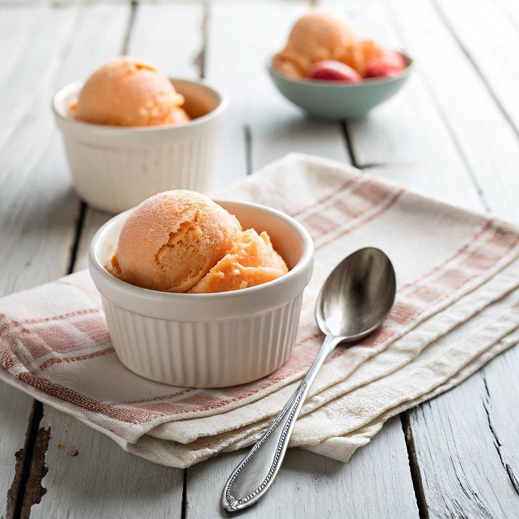 Peach sorbet in a ceramic bowl with spoon on rustic wood