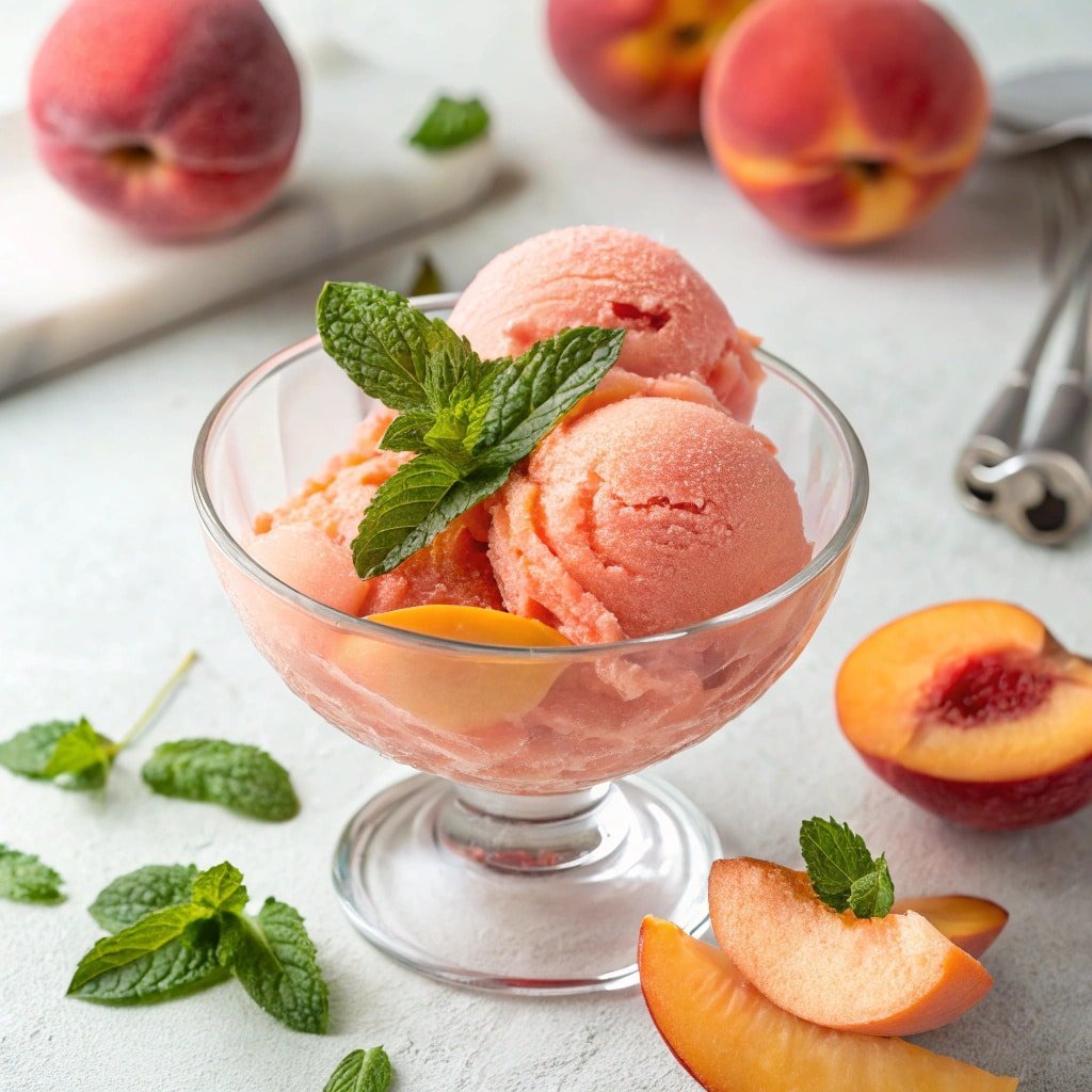 Peach sorbet in a glass bowl with fresh peach slices and mint