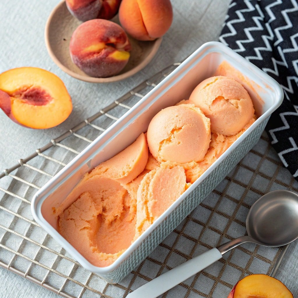 Top view of creamy peach sorbet in Ninja Creami pint container