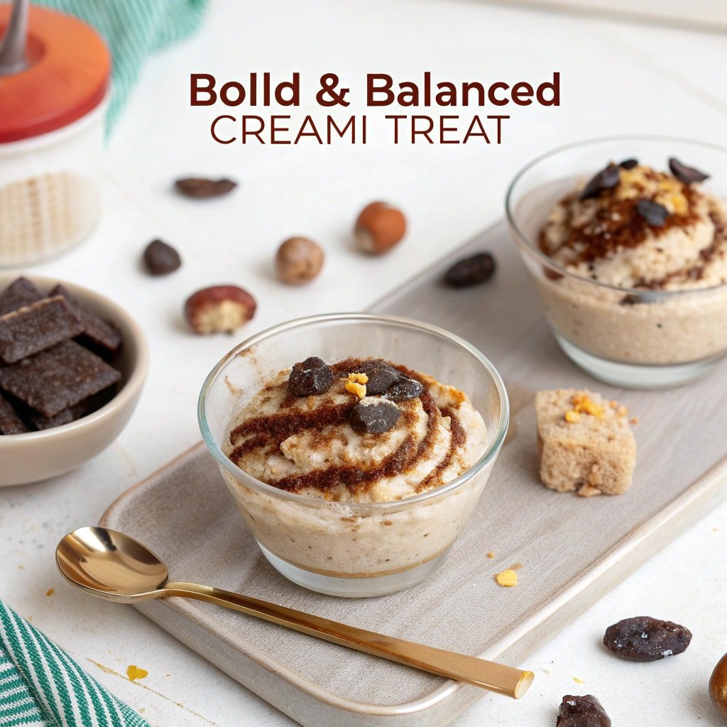 Pinterest collage of miso date Creami dessert with bold text overlay ‘Bold & Balanced Creami Treat