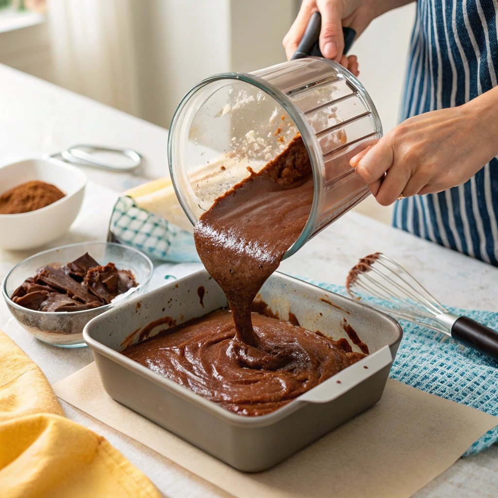 Pouring thick chocolate protein brownie batter into a baking dish.