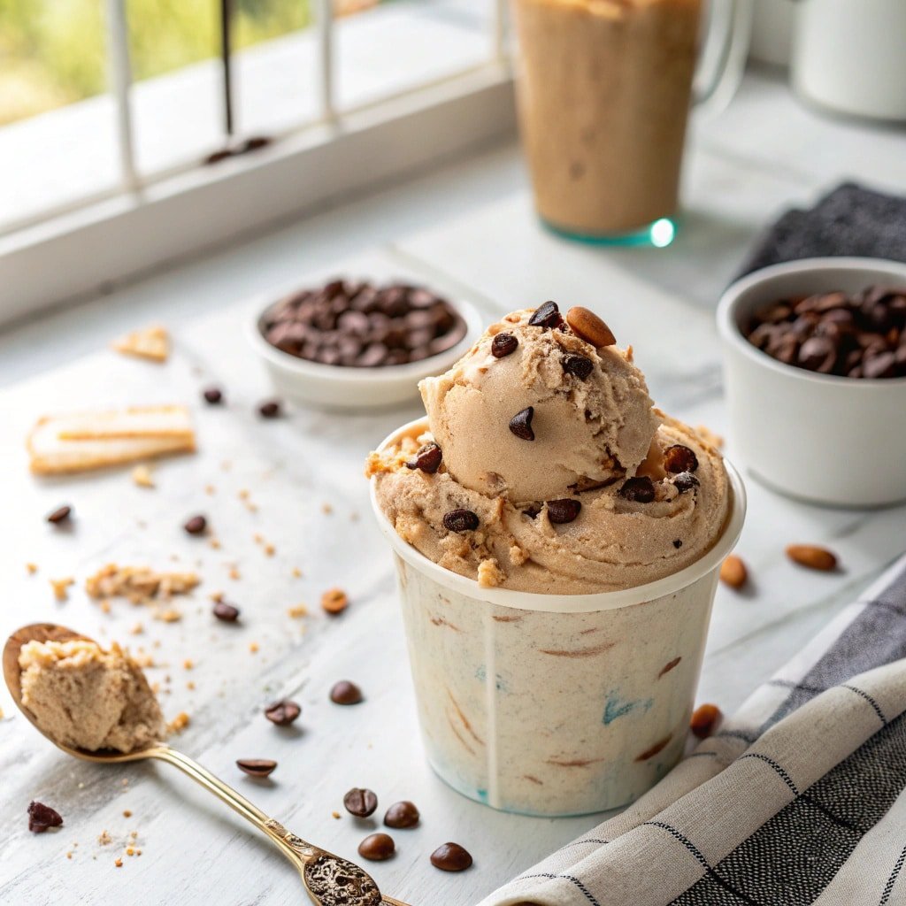 Creamy protein powder Ninja Creami topped with cacao nibs and almond butter