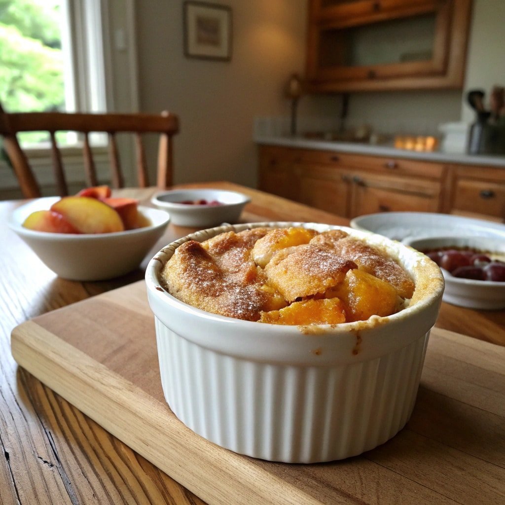 warm peach cobbler with ice cream