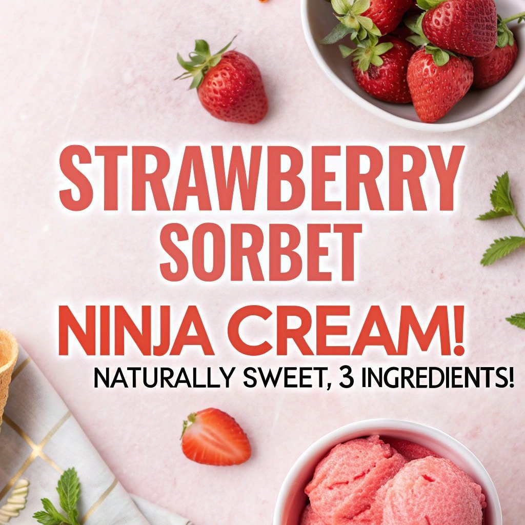 Pinterest graphic showing stages of strawberry sorbet in Ninja Creami