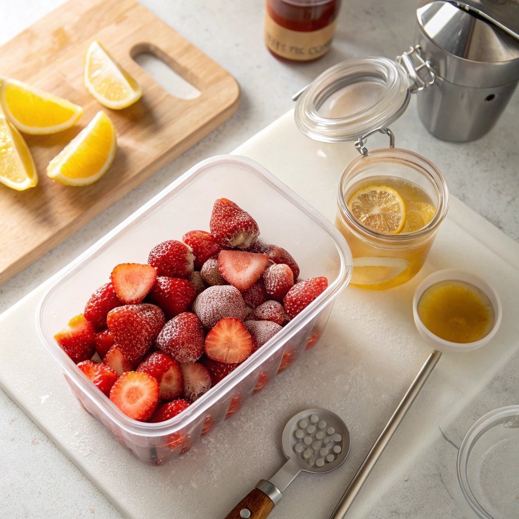 Frozen strawberries and ingredients in a Ninja Creami pint before blending