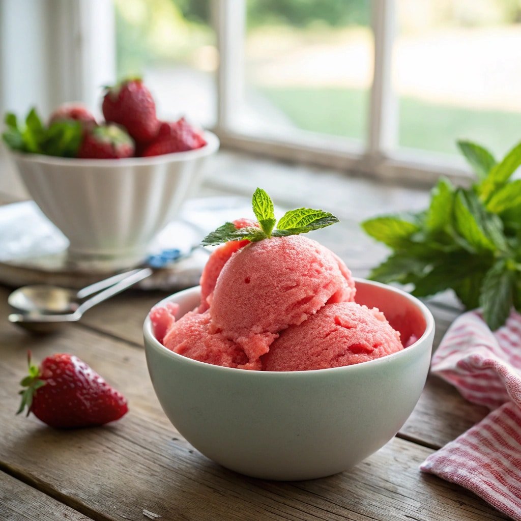 Creamy strawberry sorbet in a bowl with mint on a rustic table