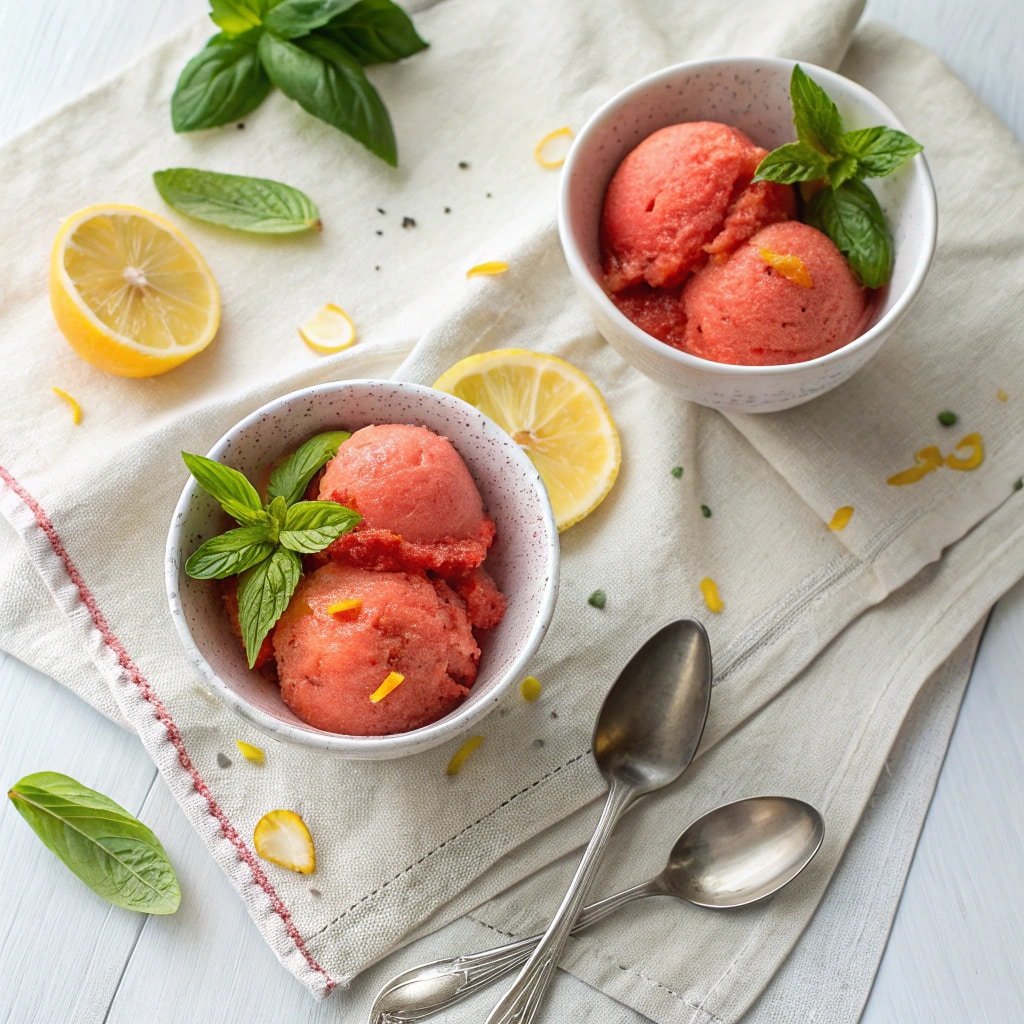 Bowls of strawberry sorbet with fresh basil and lemon zes