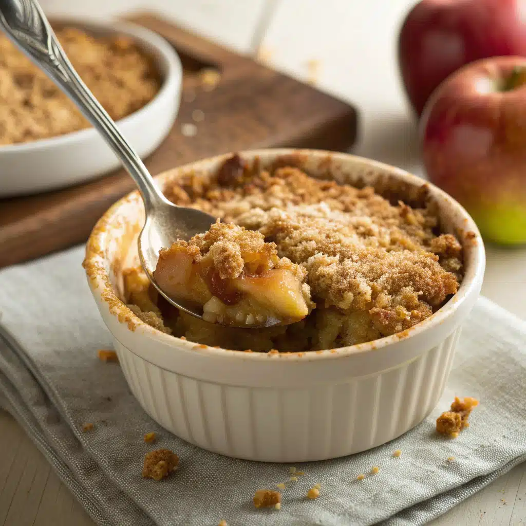 freshly microwaved apple crisp for one with bubbling topping