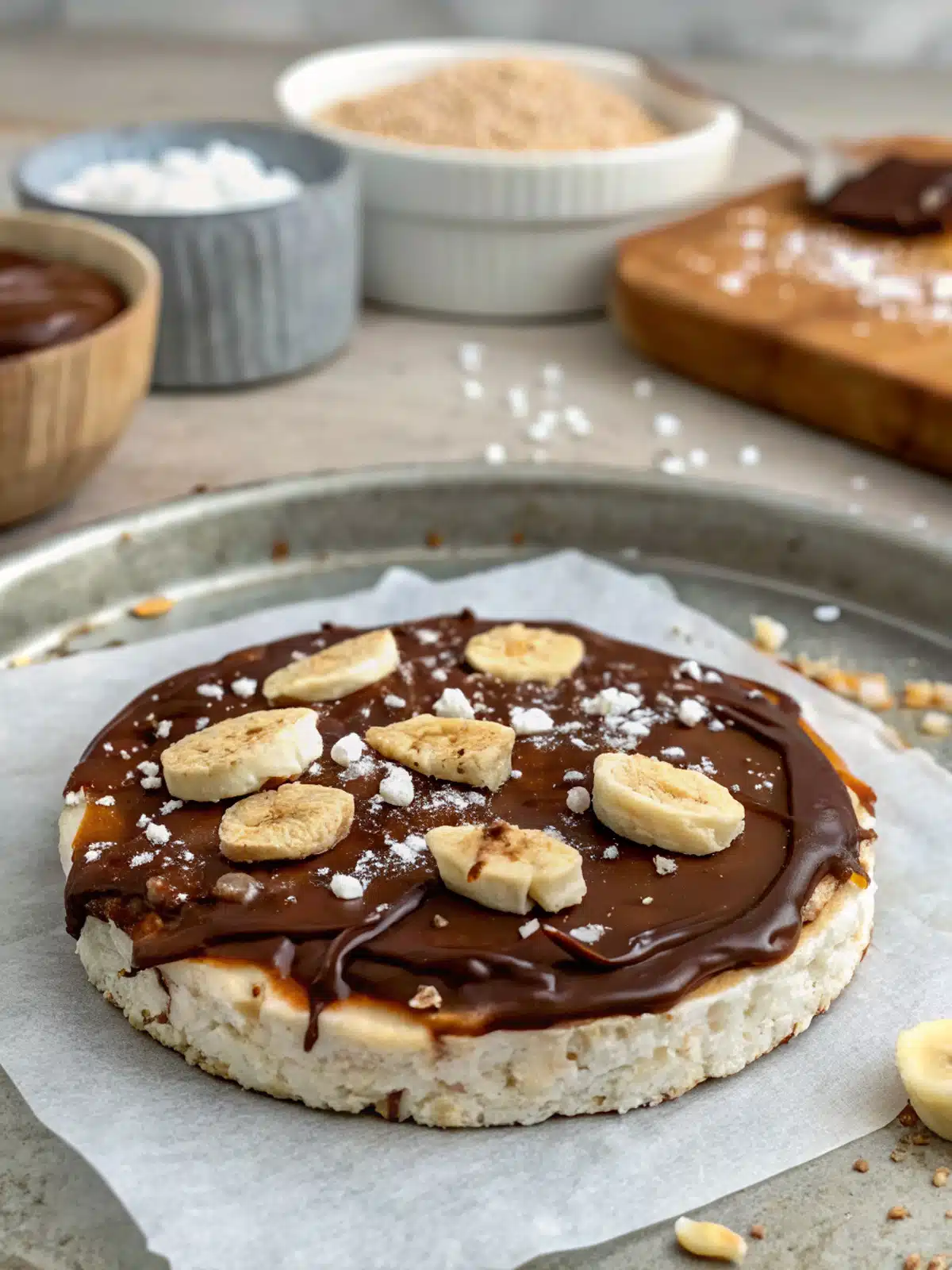 Giant peanut butter rice cake topped with banana, chocolate, and sea salt.