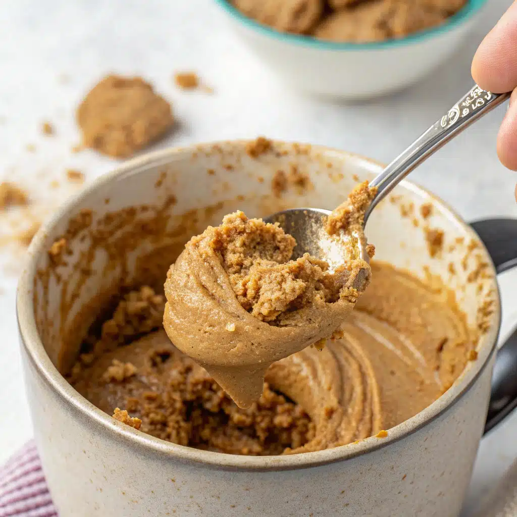 Mixing Lotus Biscoff mug cake batter in a mug
