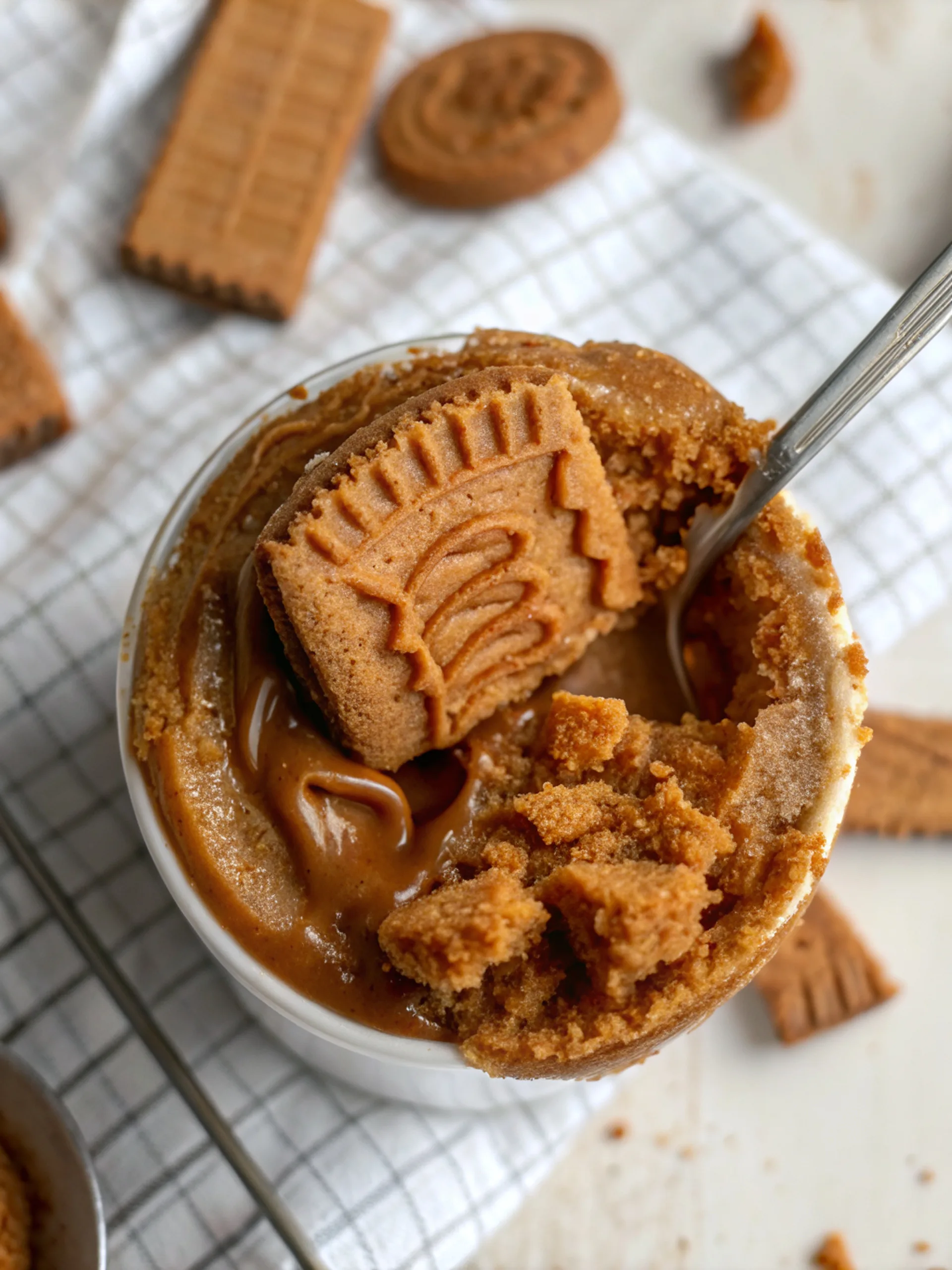 Lotus Biscoff mug cake topped with cookie butter and crumbs