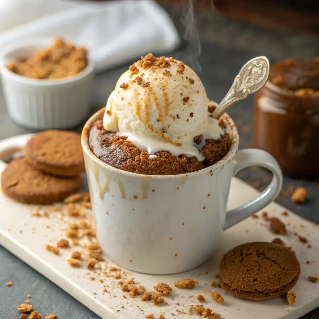 Warm Biscoff mug cake with vanilla ice cream topping