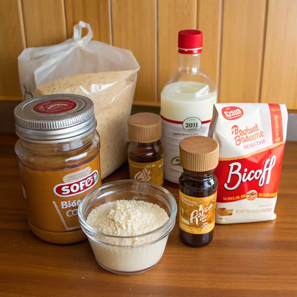 Ingredients for Lotus Biscoff mug cake laid out on counter