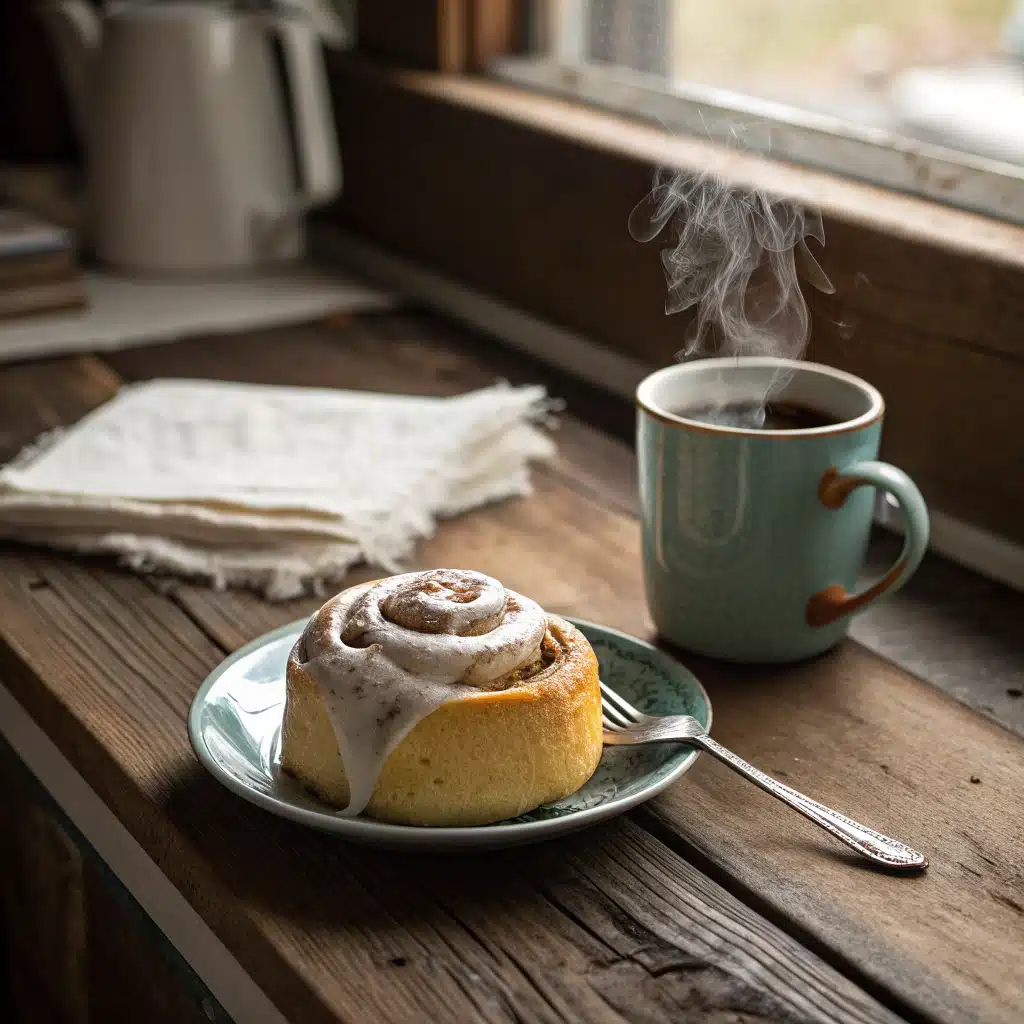 Microwave cinnamon roll with coffee on rustic table
