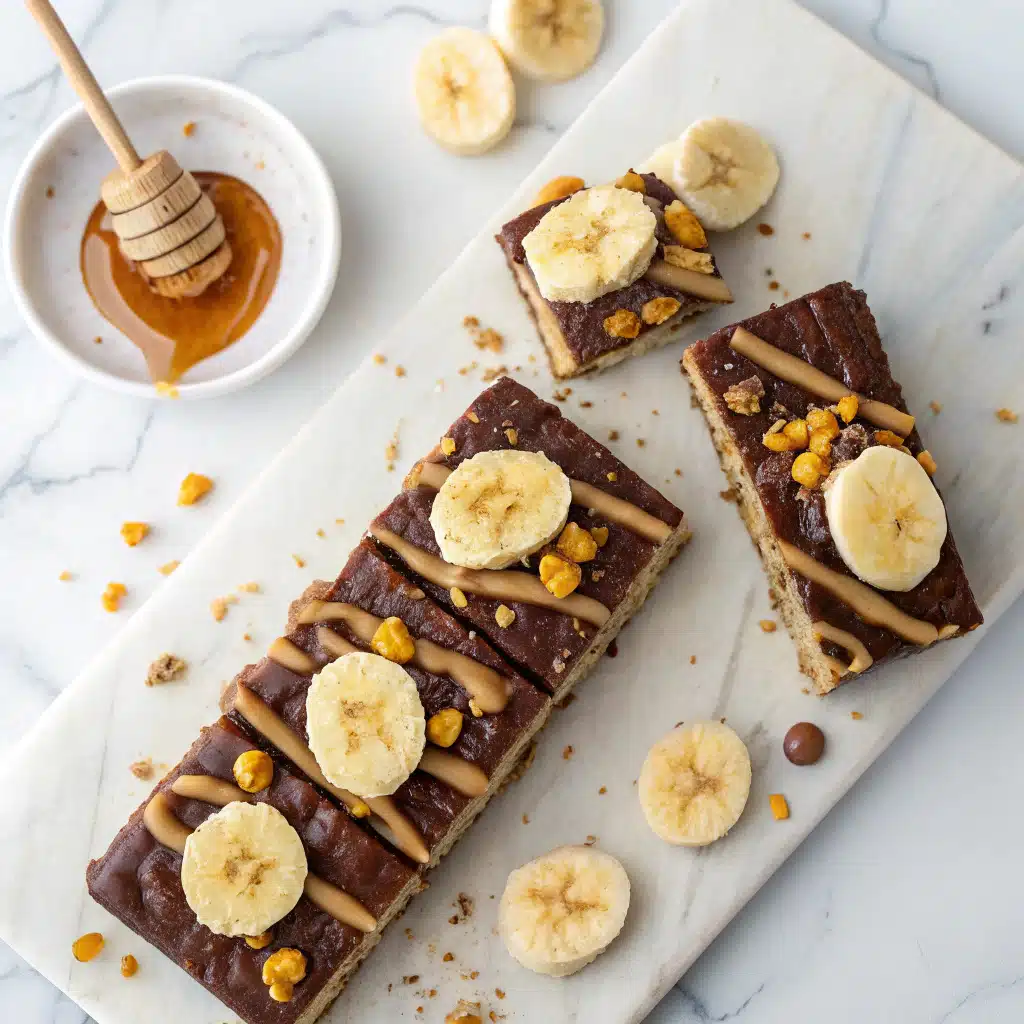 Rice cake bars with peanut butter, chocolate, and banana.