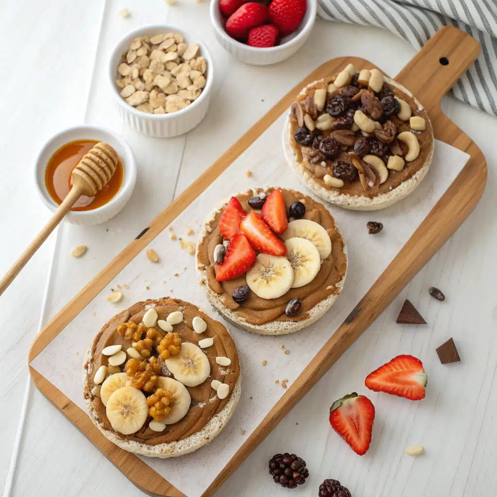 Snack board with giant peanut butter rice cakes and toppings