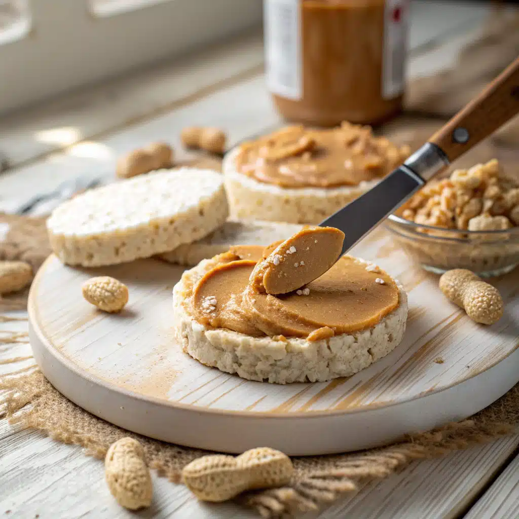 Peanut butter being spread on a rice cake step by step.