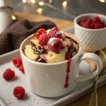 Raspberry white chocolate mug cake with gooey chocolate drizzle and fresh raspberries in a mug.