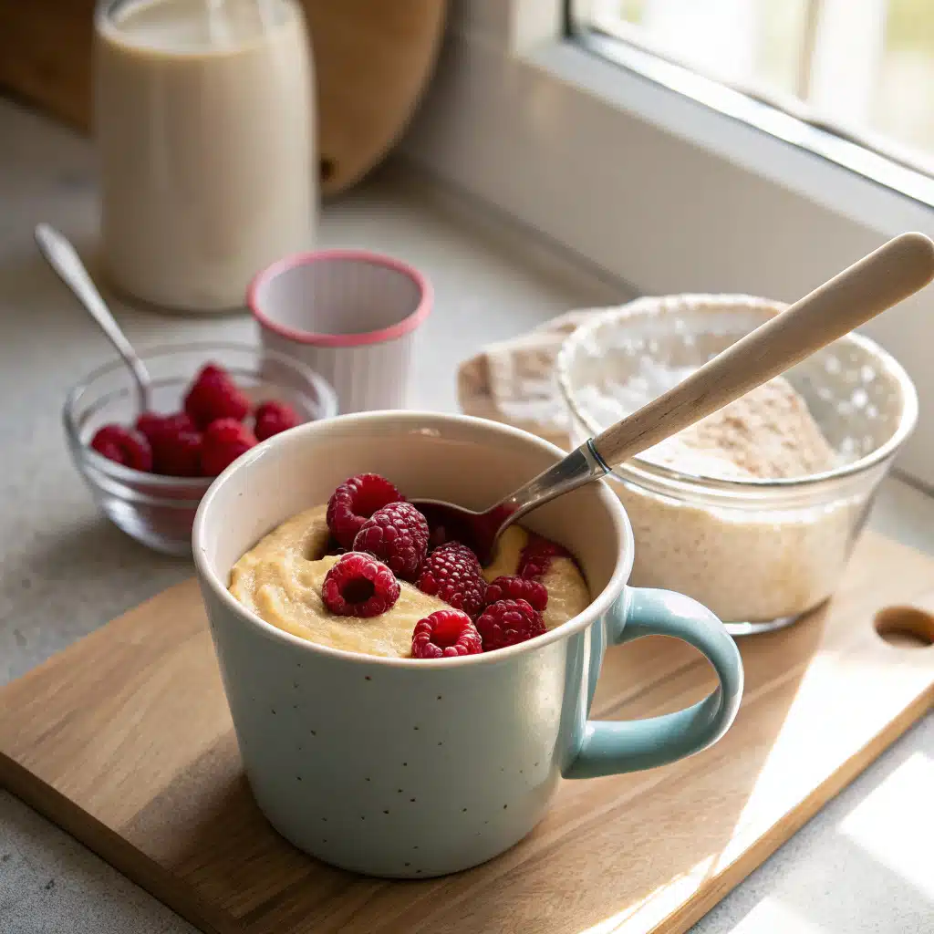 Mixing batter for raspberry white chocolate mug cake with raspberries in mug.