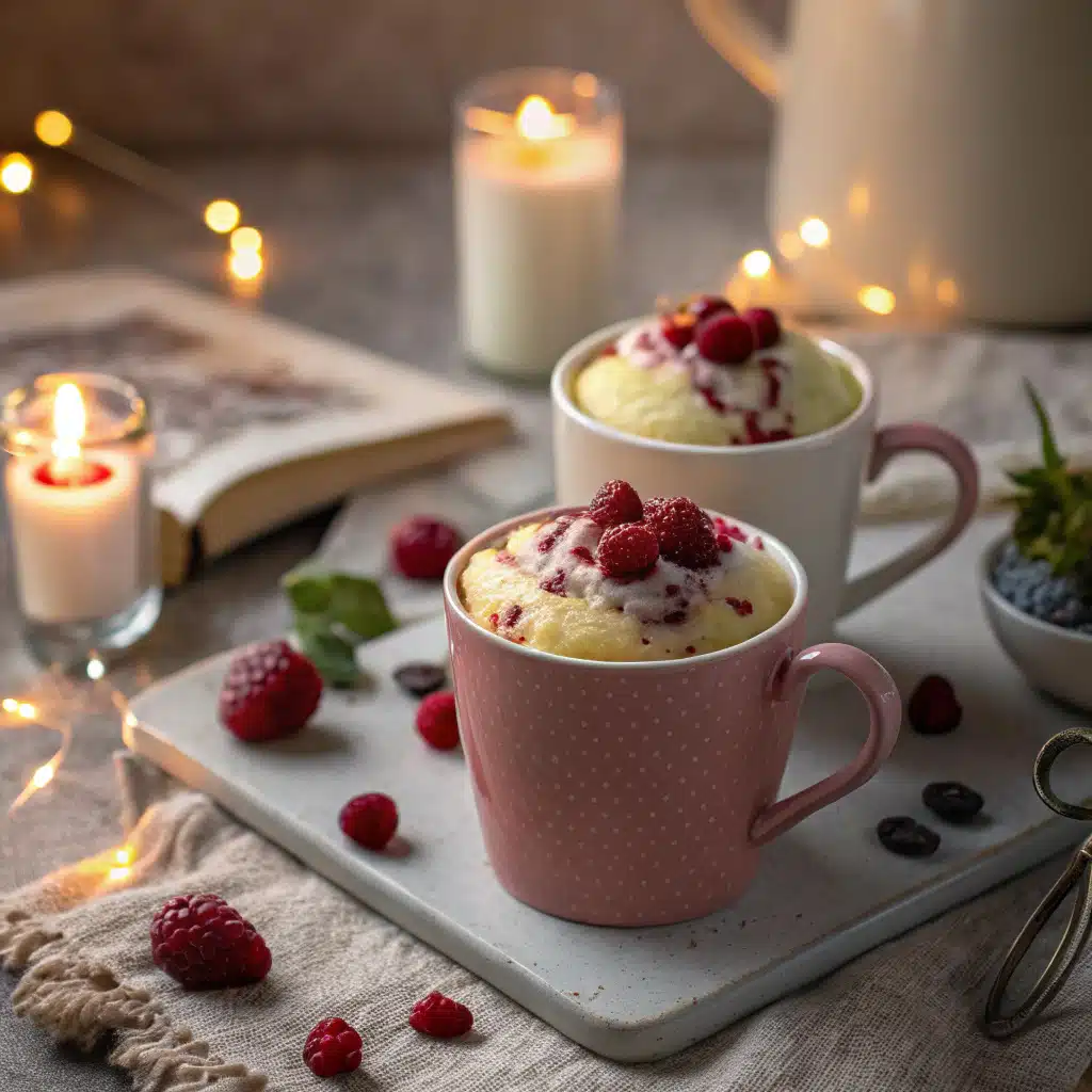 Two raspberry white chocolate mug cakes served for dessert in a romantic setting.