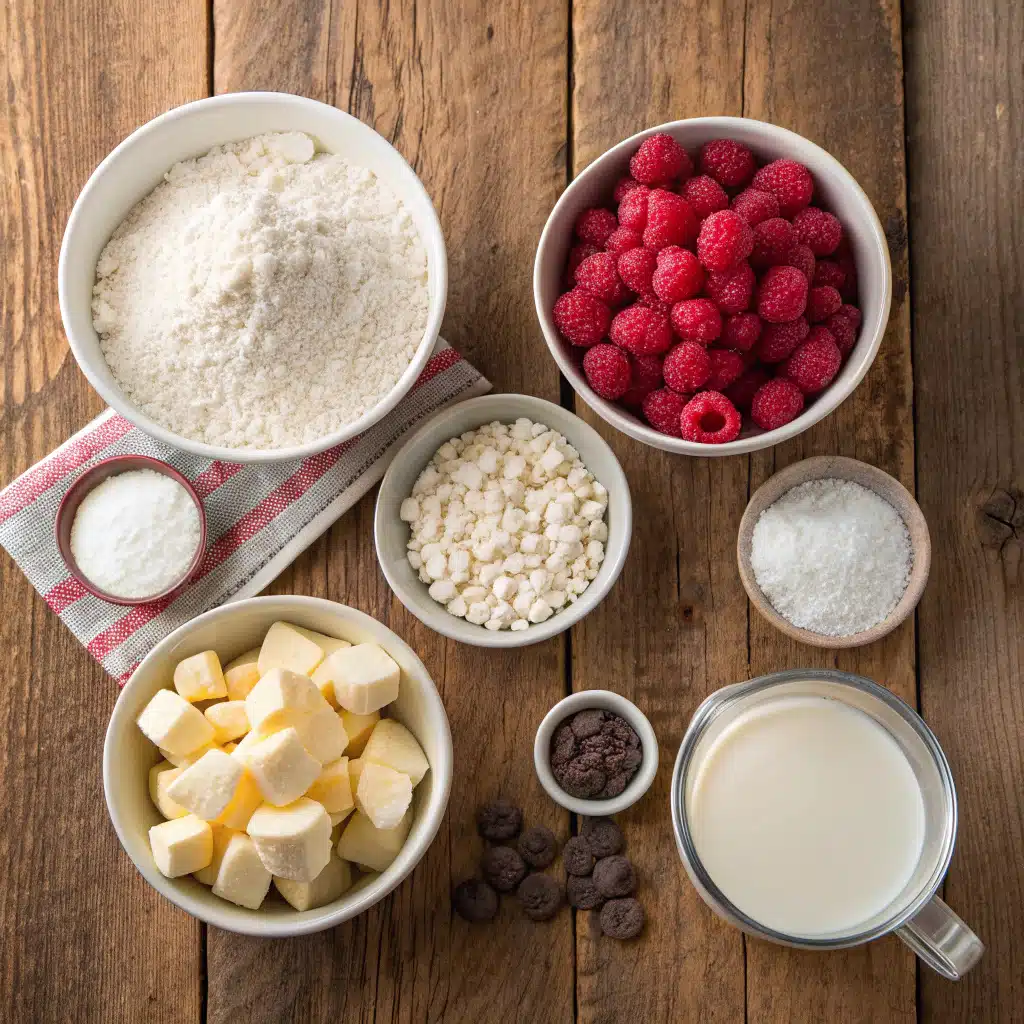 Ingredients for raspberry white chocolate mug cake arranged on wooden table.