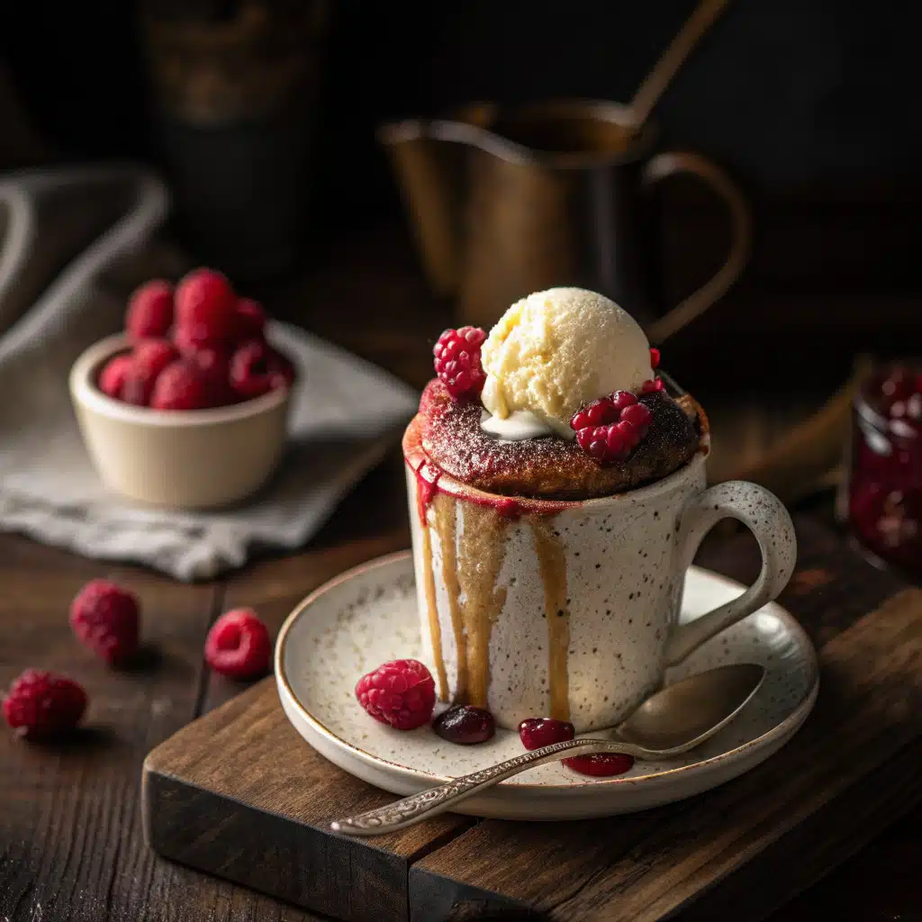 Raspberry white chocolate mug cake topped with ice cream and raspberries.
