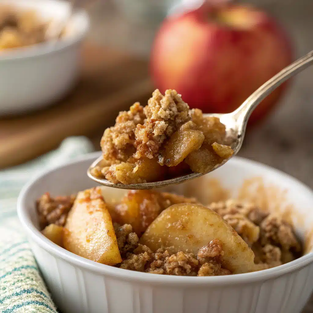 spoonful of microwave apple crisp with soft apples and oat topping