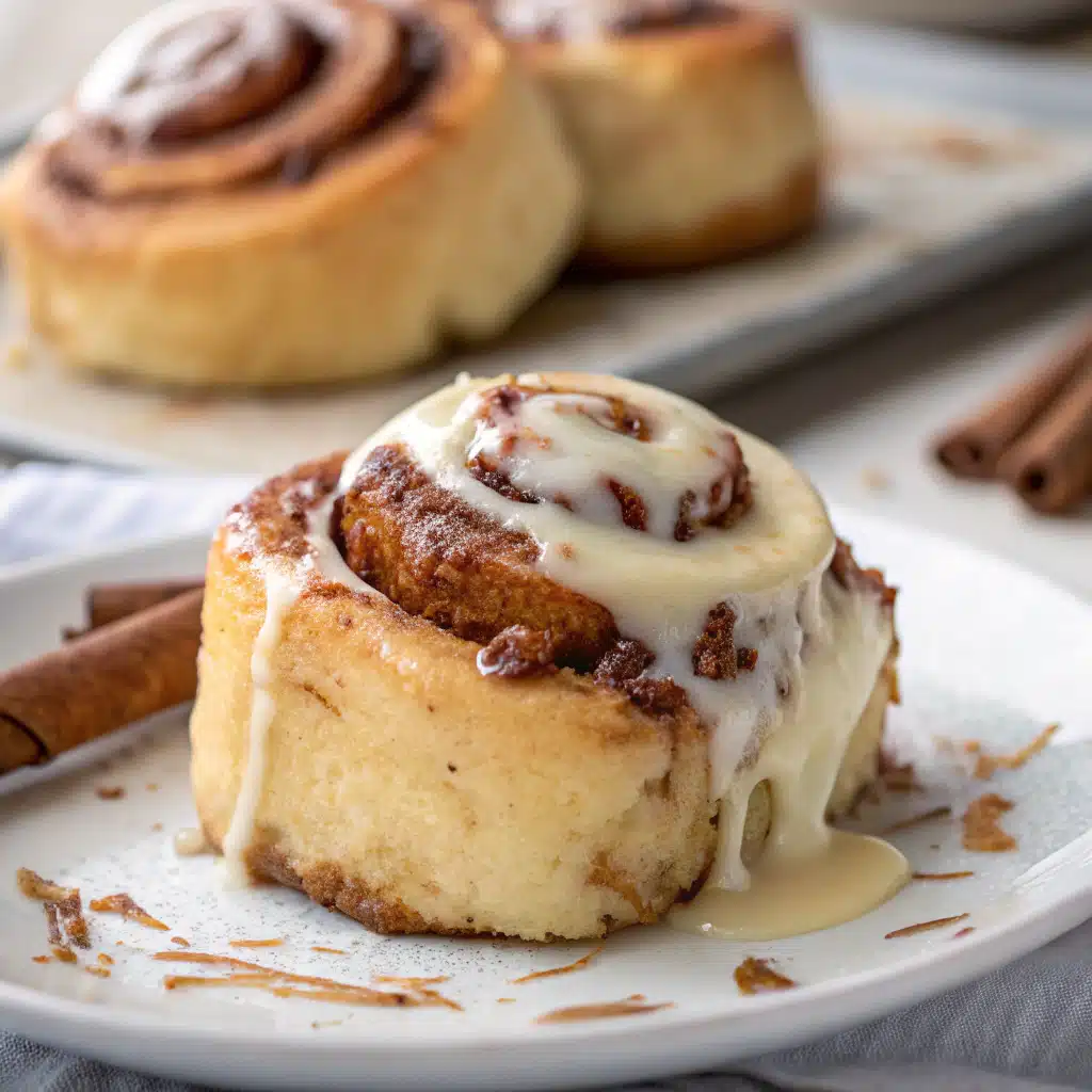 Gooey microwave cinnamon roll topped with cream cheese glaze